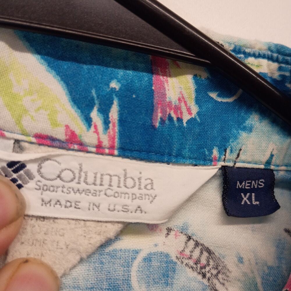 Vintage Columbia Sportswear Fishing Shirt Men XL Made USA Fly Lures AOP PFG Blue - Picture 5 of 8